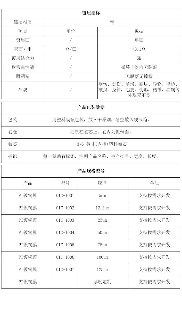 PI镀铜膜参数 PI镀铜膜参数